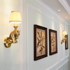 American Loft Copper Horse Head Living Room Wall Lamp Vintage Fabric Shade Bedroom Bedsides Corridor Stair Case Wall Sconces