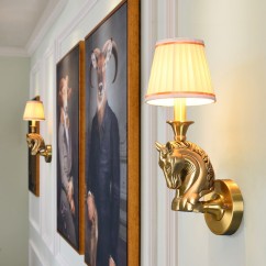 American Loft Copper Horse Head Living Room Wall Lamp Vintage Fabric Shade Bedroom Bedsides Corridor Stair Case Wall Sconces