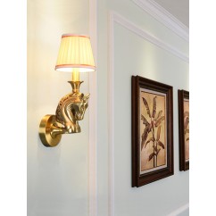 American Loft Copper Horse Head Living Room Wall Lamp Vintage Fabric Shade Bedroom Bedsides Corridor Stair Case Wall Sconces