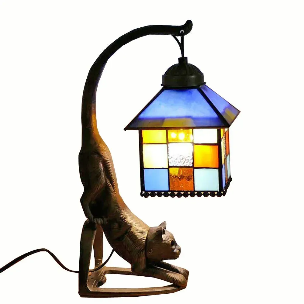 Tiffany Metal Cat Bedroom Bedsides Table Lamp Glass Lampshade Study Room Club Desk Lamp Retro Bar Counter kitten Table Light