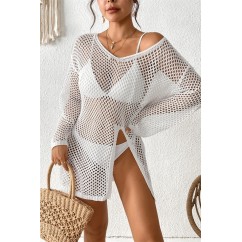 2025 Amazon V-Neck Beach Cover-Up | Hollowed Long-Sleeve Side-Slit Vacation Dress