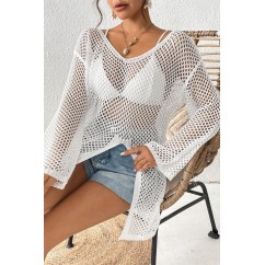 2025 Amazon V-Neck Beach Cover-Up | Hollowed Long-Sleeve Side-Slit Vacation Dress