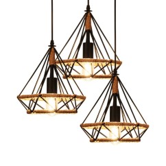 Industrial Black Diamond Frame Restaurant Pendant Light Home Loft hemp rope Dining Room Vintage hanging Lamp suspension Fixtures