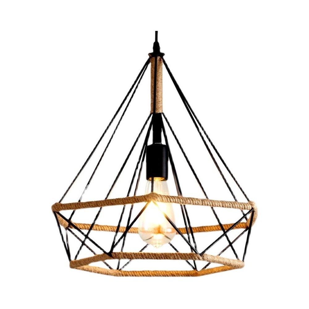 Industrial Black Diamond Frame Restaurant Pendant Light Home Loft hemp rope Dining Room Vintage hanging Lamp suspension Fixtures