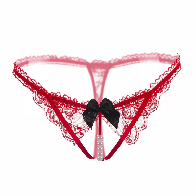 Black lace red ribbon pearl sexy lingerie