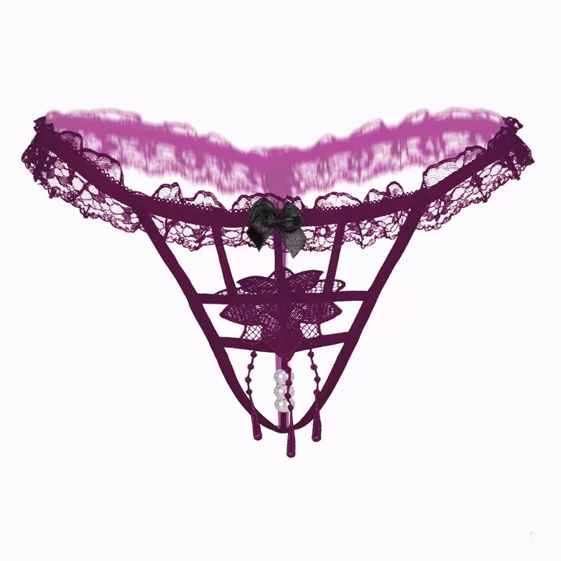 Black lace purple ribbon pearl sexy lingerie