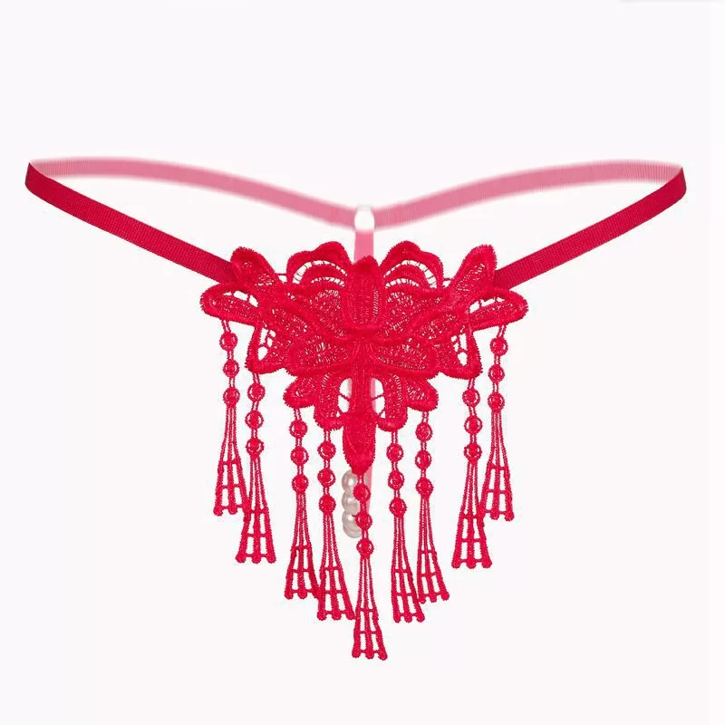 Red lace pink ribbon pearl sexy lingerie,