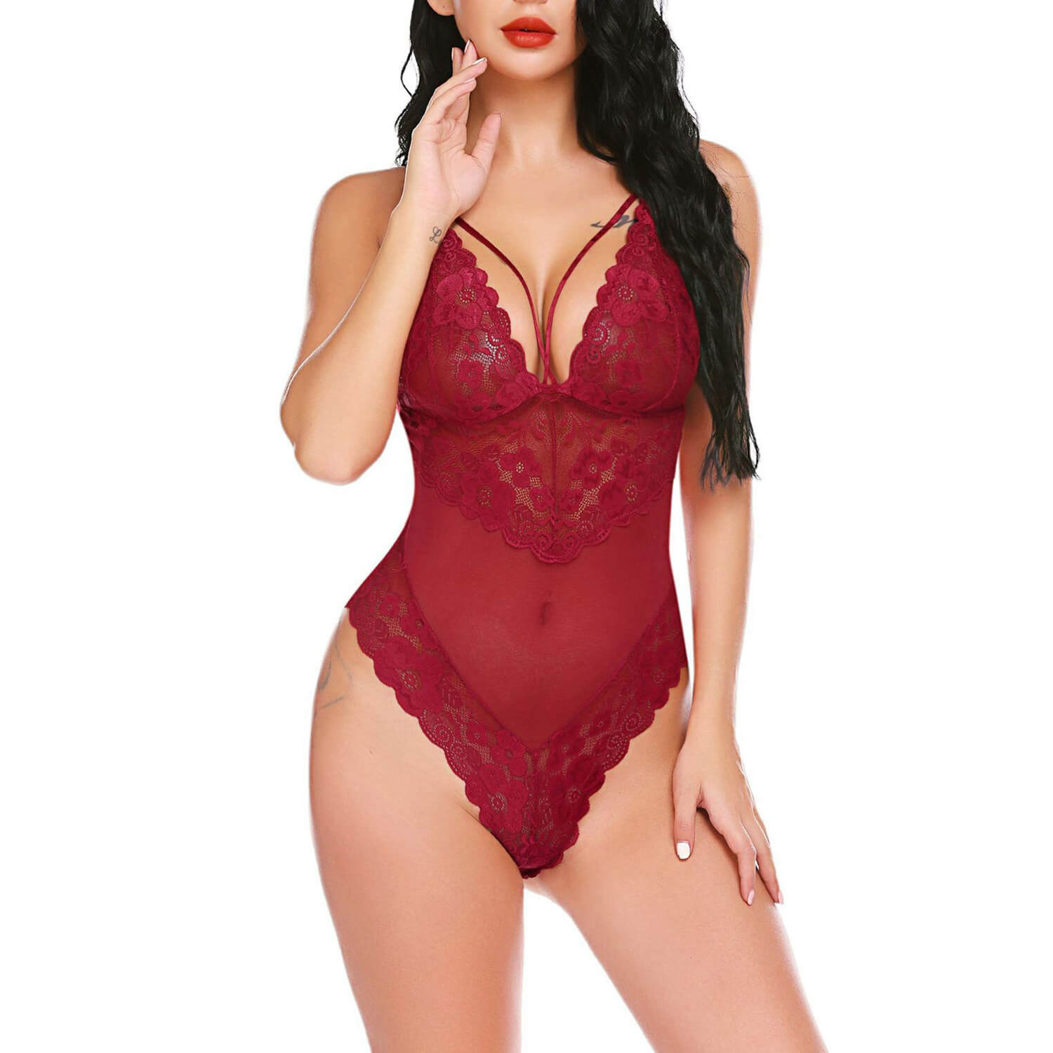 Red lace white ribbon pearl sexy lingerie