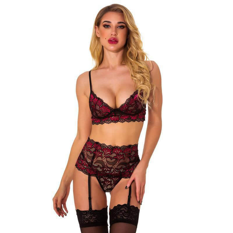 Red lace white ribbon pearl sexy lingerie